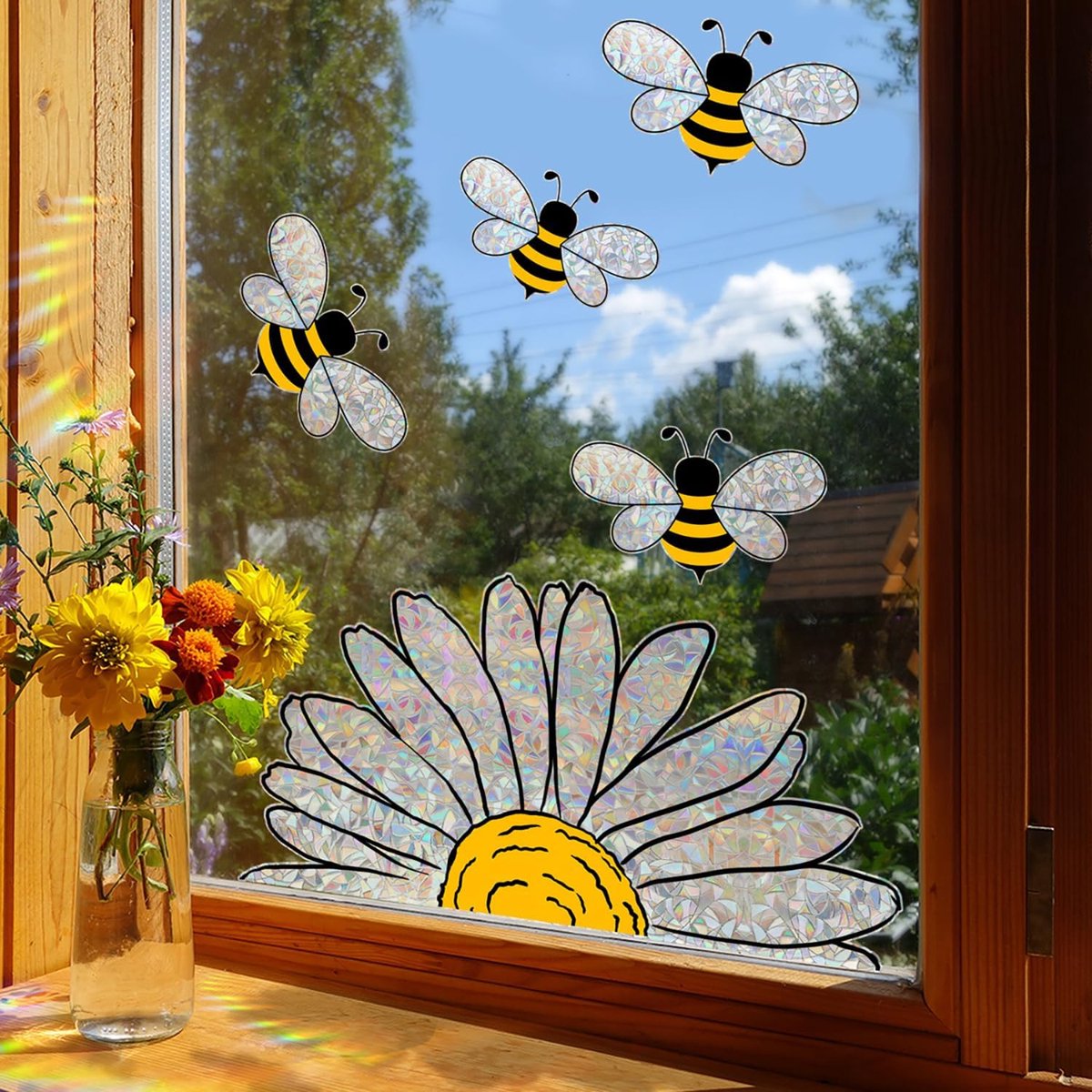 Raamstickers, bijen en zonnebloemen, dubbelzijdige glasstickers met glinsterende regenboogprisma, voor spiegels, etalages van glas
