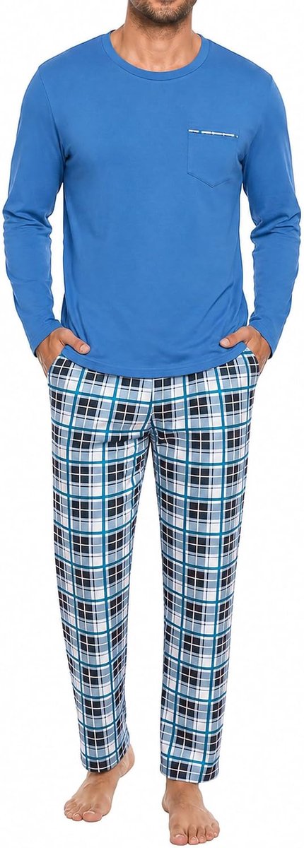 Winterpyjama voor heren, geruite pyjama met lange mouwen, 2 stuks, katoen, lange pyjamaset voor mannen, nachtkleding met ronde hals, S-3XL