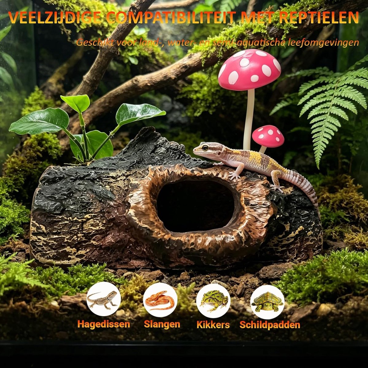 Dragon Tank Accessoires, Bearded Dragon Hide Cave met Basking Platform, Gesimuleerde Rock Tree Stump Terrarium Decoratie, Geschikt voor Hagedissen, Slangen en Schildpadden (S)