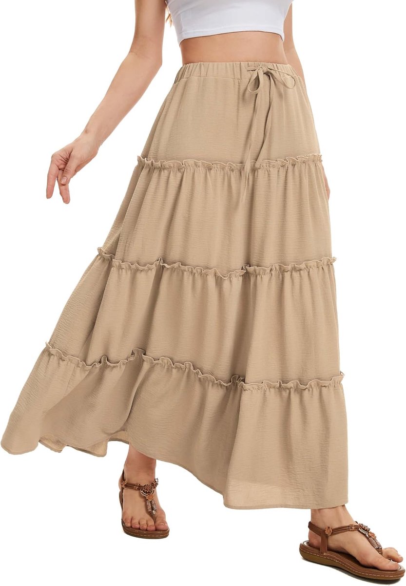 Maxi Rok voor Dames Elastische Hoge Taille met Trekkoord Zomerse Gelaagde Lange Rok met 2 Zakken Voor Dagelijks Gebruik Vakantie & Casual Draag