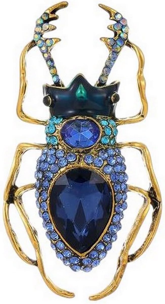 kever sieraden broche brons staal en blauw kristal., 7 cm, Roestvrij staal