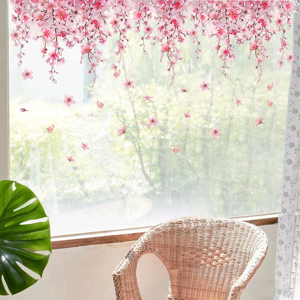 Raamstickers, 3 stuks Bloemige raamdecoratie, dubbelzijdige raamsticker met roze bloemenpatroon voor de versiering van glazen ramen in het thuiskantoor (B, 30×60 cm)