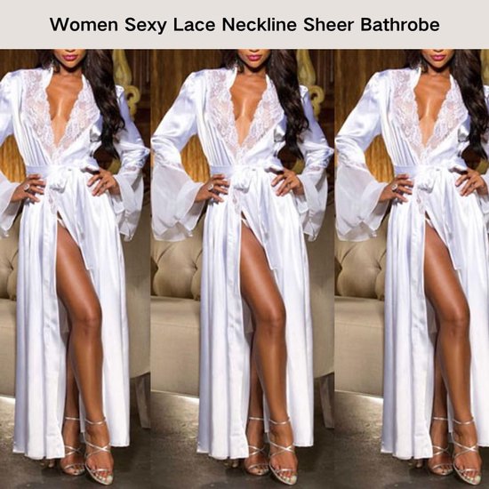 Sexy Lange Kimono Ochtendgewaad Satijnen Ochtendjas Kant V-hals Badjas Sheer Mesh Babydoll Doorzichtige Bikini Cover Up Transparante Mouw Patchwork Lingerie Bruid Bruidsmeisje — afbeelding 2