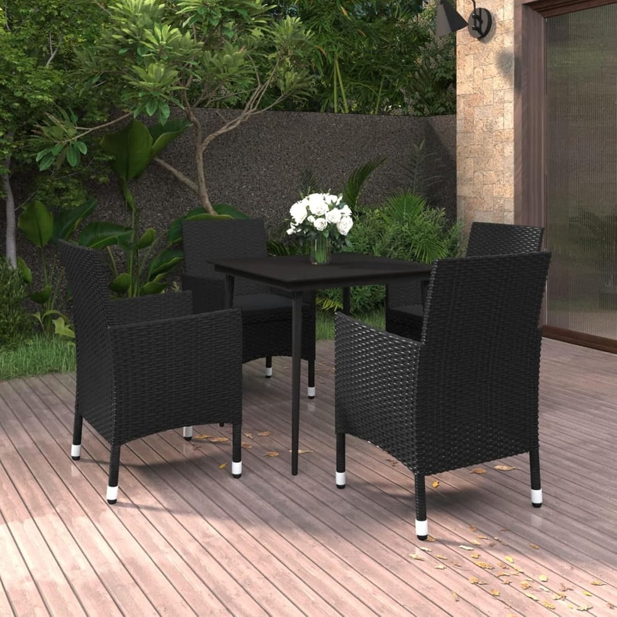 5-delige tuinmeubelset met kussens, set van stoelen en tuintafel, tafel en tuinstoelen, rotan tuinmeubelen, set bestaande uit tafel en 4 stoelen, polyrotan en glas