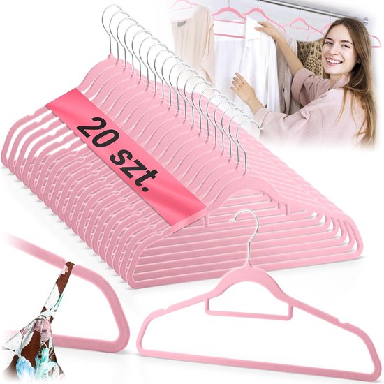 Antislip, fluweel, set van 20 stuks, 360° draaibaar, stalen haken, ingebouwde schoudergroeven, roze — afbeelding 2