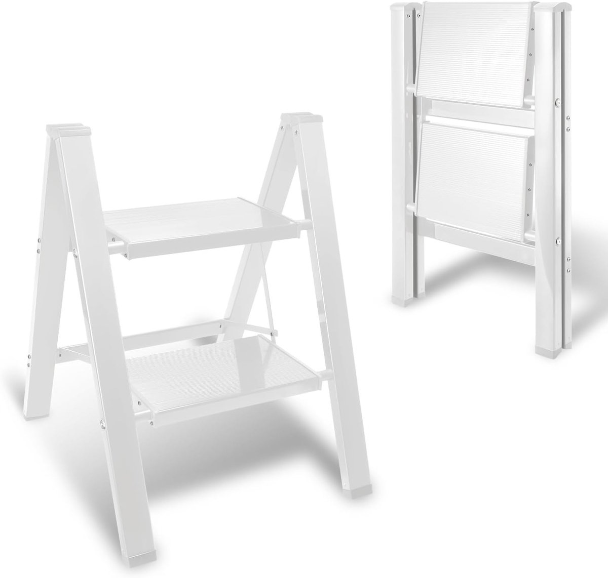 2 treden inklapbaar, vouwladder tot 150 kg belastbaar, antislip brede treden met anti-slip pedaal, ruimtebesparend opvouwbaar, huishoudladder voor keuken, wit