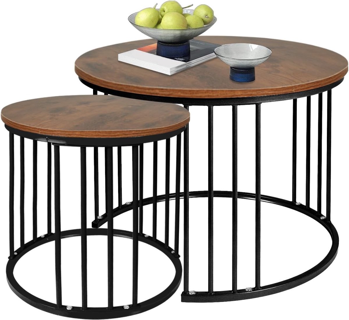 Set van 2 salontafels, woonkamertafel, ronde uitschuiftafels, 60 cm en 40 cm, metalen frame + dichtheidblad, bijzettafel, modern design