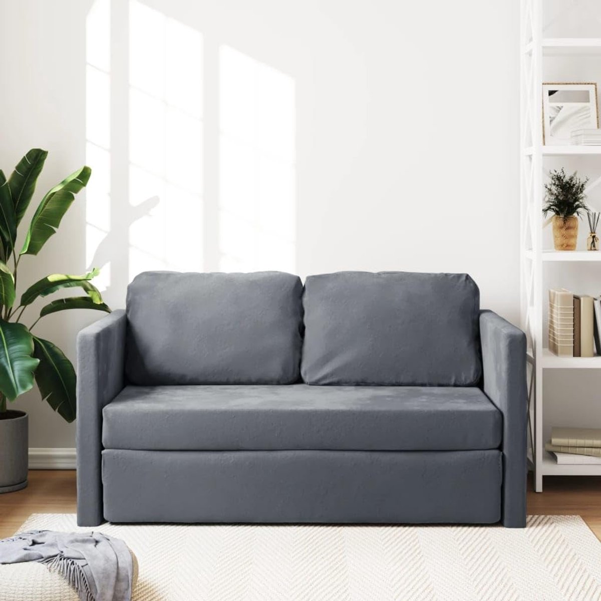 Slaapbank, vloerbank, modern, 2-zits, fluweel, donkergrijs, 122 x 204 x 55 cm, 2-zits slaapbank van fluweel, intrekbare slaapbanken
