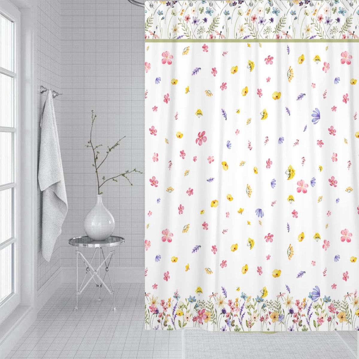 150 x 180 cm, douchegordijn, rand, wilde bloem, aquarel, motieven wilde bloemen, zacht, kleurrijk, randen, bloemen, weelderig, wit, esthetisch, cottagecore, waterdichte stof, met haken