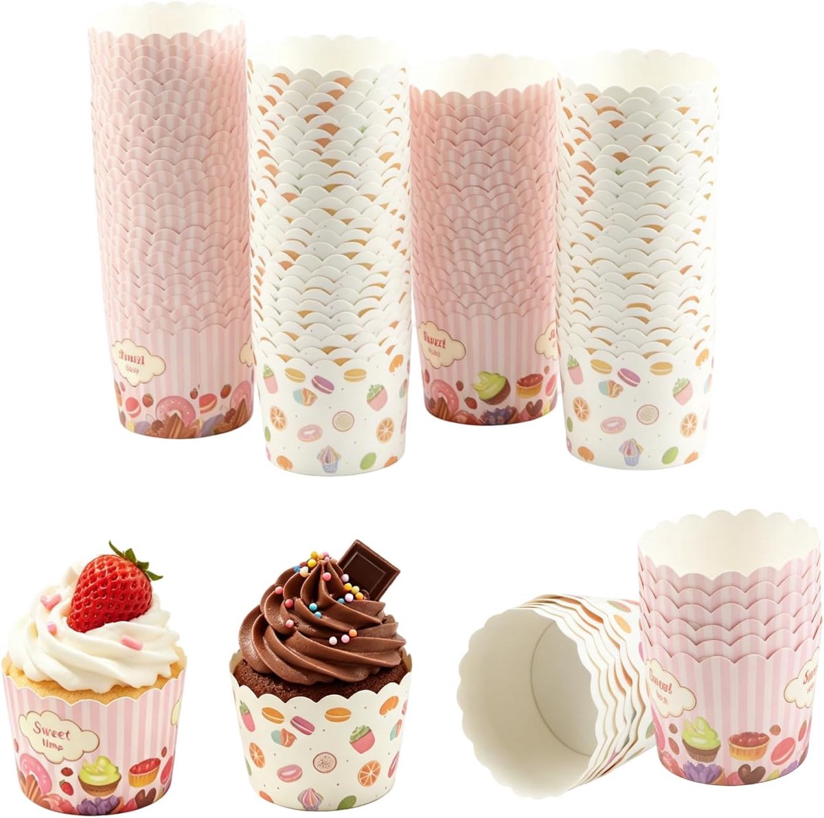 200 roze-witte donut-papieren bekers, 7 × 6 × 5,5 cm, wegwerpbakvormen voor