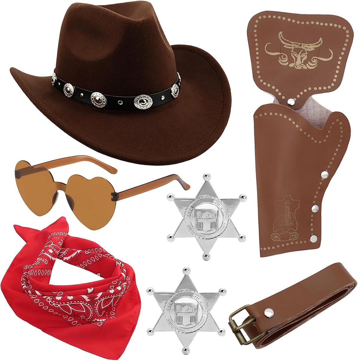 Accessoireset met bruine cowboyhoed, bandana, hart zonnebril, holster en riem, westerse verkleedset voor volwassenen kinderen Halloween cosplay