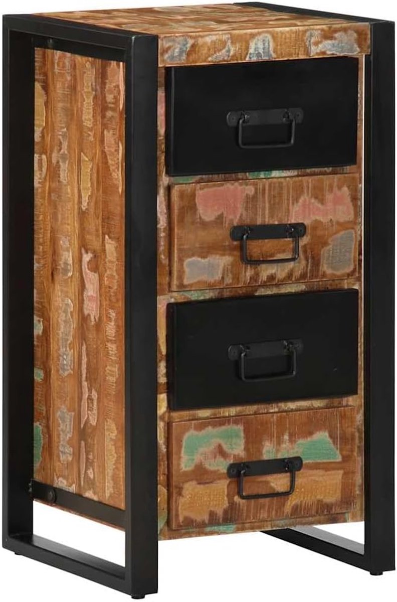 Ladekast van massief oud hout, retro commode met metalen poten, meerkleurige bijzetkast met deur voor woonkamer, hal, 40 x 40 x 75 cm