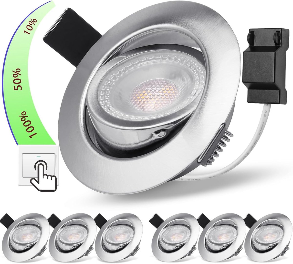 230 V, dimbaar, 5 W, 3 niveaus, dimbaar, inbouwverlichting, neutraal wit, 4000 K, plafondspots, 45 graden zwenkbaar, gat 68-75 mm, plat, 30 mm, voor badkamer, keuken, woonkamer, set