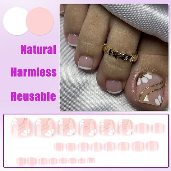 24 stuks teennagels om op te plakken, vierkant, kort, wit, bloemen, Franse kunstteennagels om op te plakken, nude roze, zomer, valse teennagels, volledige dekking, acryl, natuurlijke teennagels voor — afbeelding 2