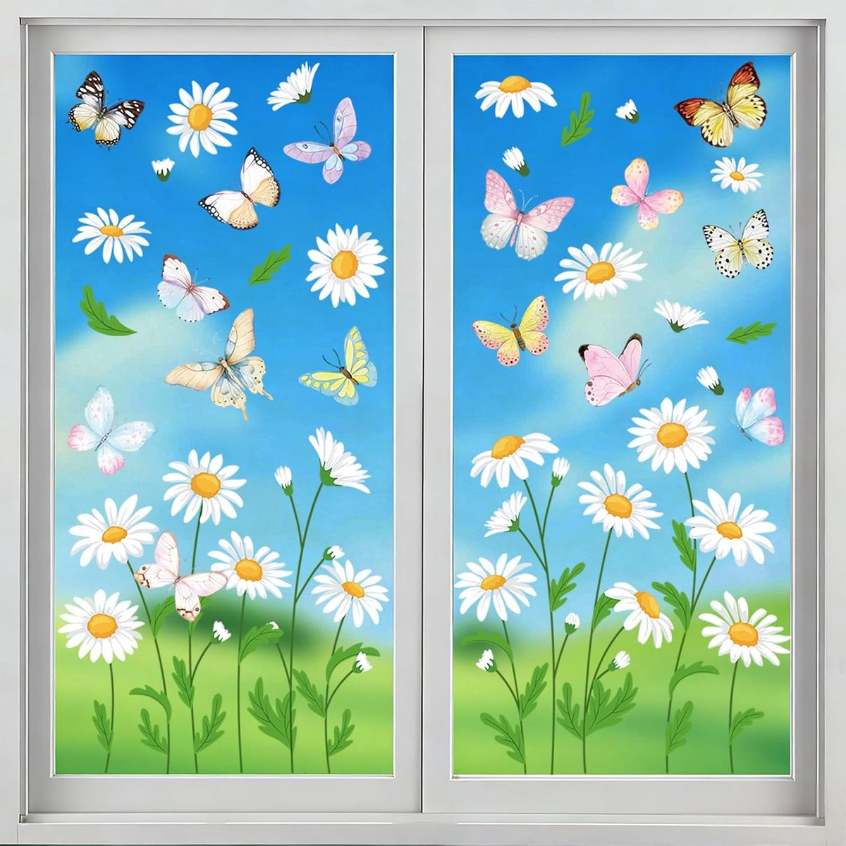 Raamstickers, lente, 4 vellen, 49 stuks, herbruikbare madeliefjes, vlinder, statische stickers, decoratie voor glas/vitrines