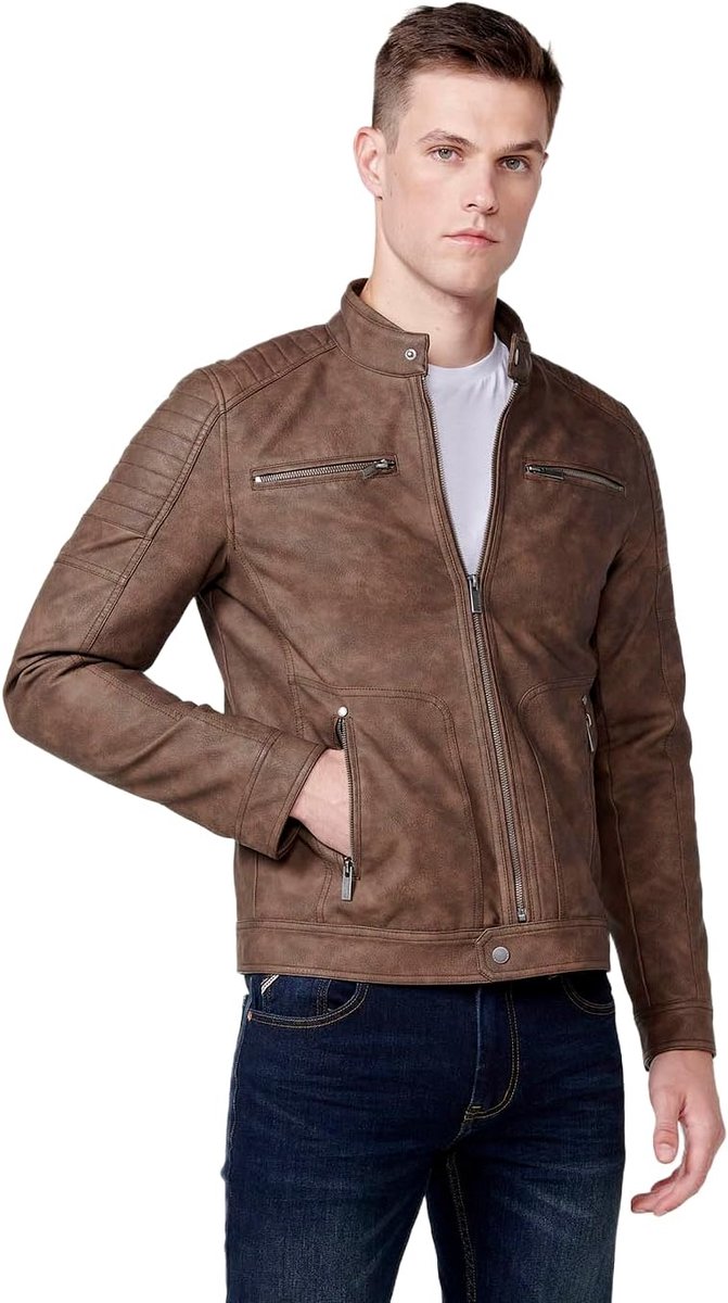 Herenjas met ronde hals, lederlook met ritssluiting voor, bruin, bruin