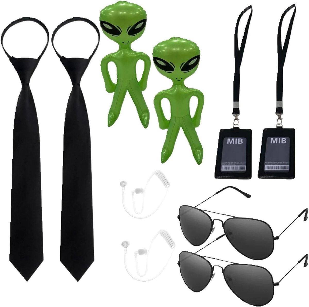 10-delige Alien Kostuum Set met Opblaasbare Groene Alien, Zwarte Stropdas, Zonnebril en Hoofdband - Perfect voor Halloween en Rollenspel voor Mannen en Vrouwen