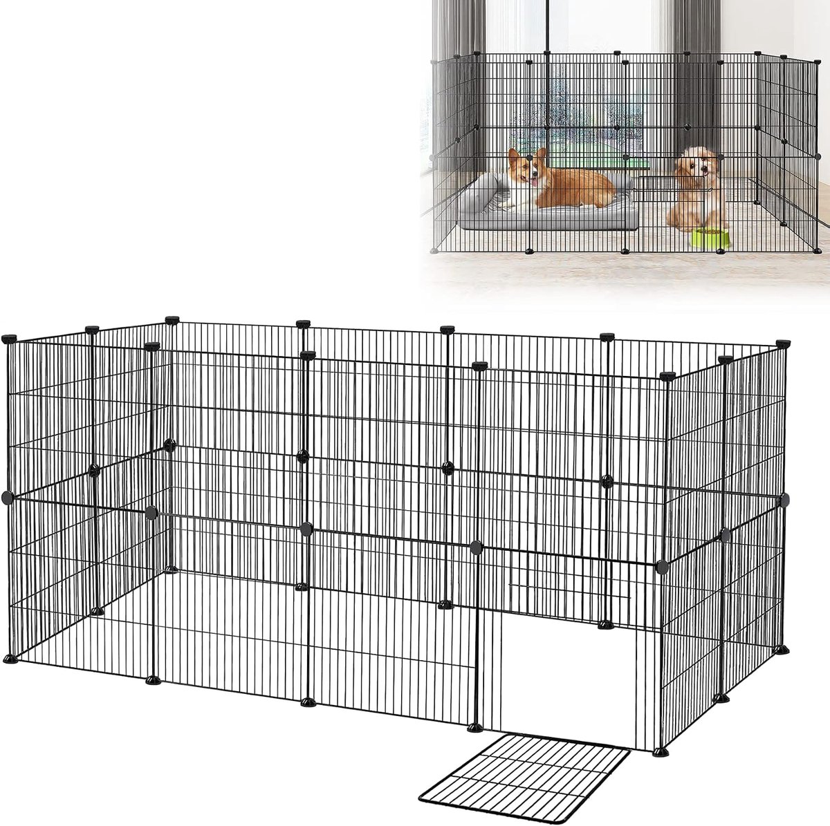 142x72x72cm Buitenren Konijnen Huisdier Box van Metaal 24-delig Rooster met Deur Cavia's Omheining Vrijloopverblijf Kooi voor Kleine Dieren voor Puppy's Hamsters Egels (Zwart)