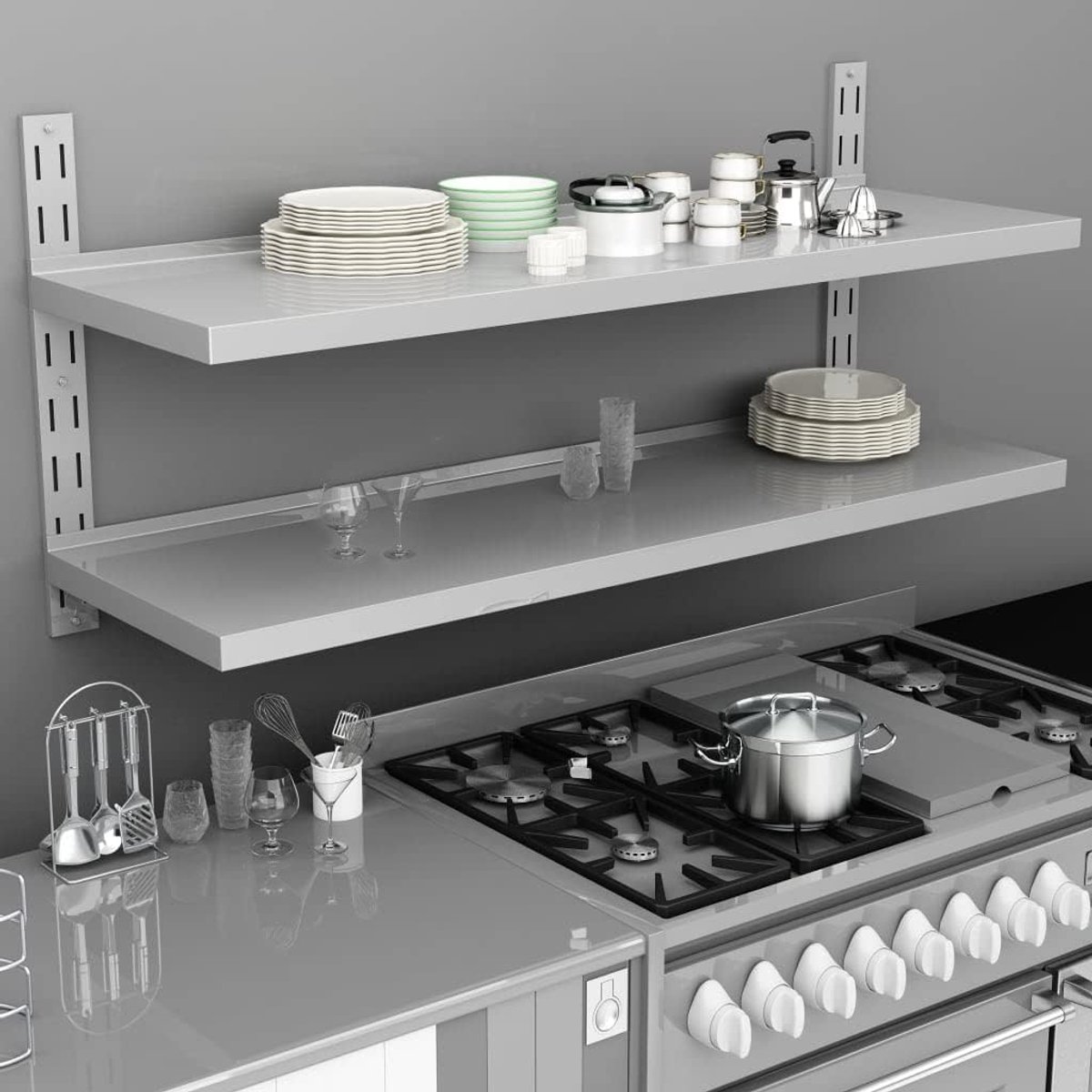Wandrek voor hoeken, decoratieve planken, multifunctioneel, wandrek, 2-traps, roestvrij staal, 150 x 30 cm, geschikt voor woonkamer, slaapkamer, kantoor