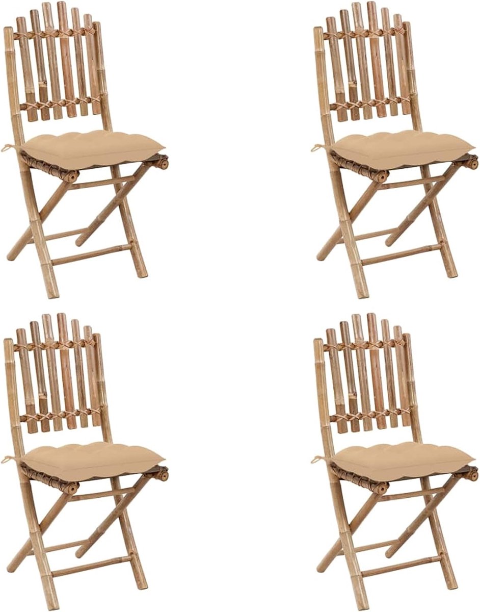 5-delige set tuin-eetgroepen, zitgroep, tafel en 4 stoelen met kussens, terrasmeubelen, tuinmeubelen, tuinset met kussen, inklapbaar, bamboe