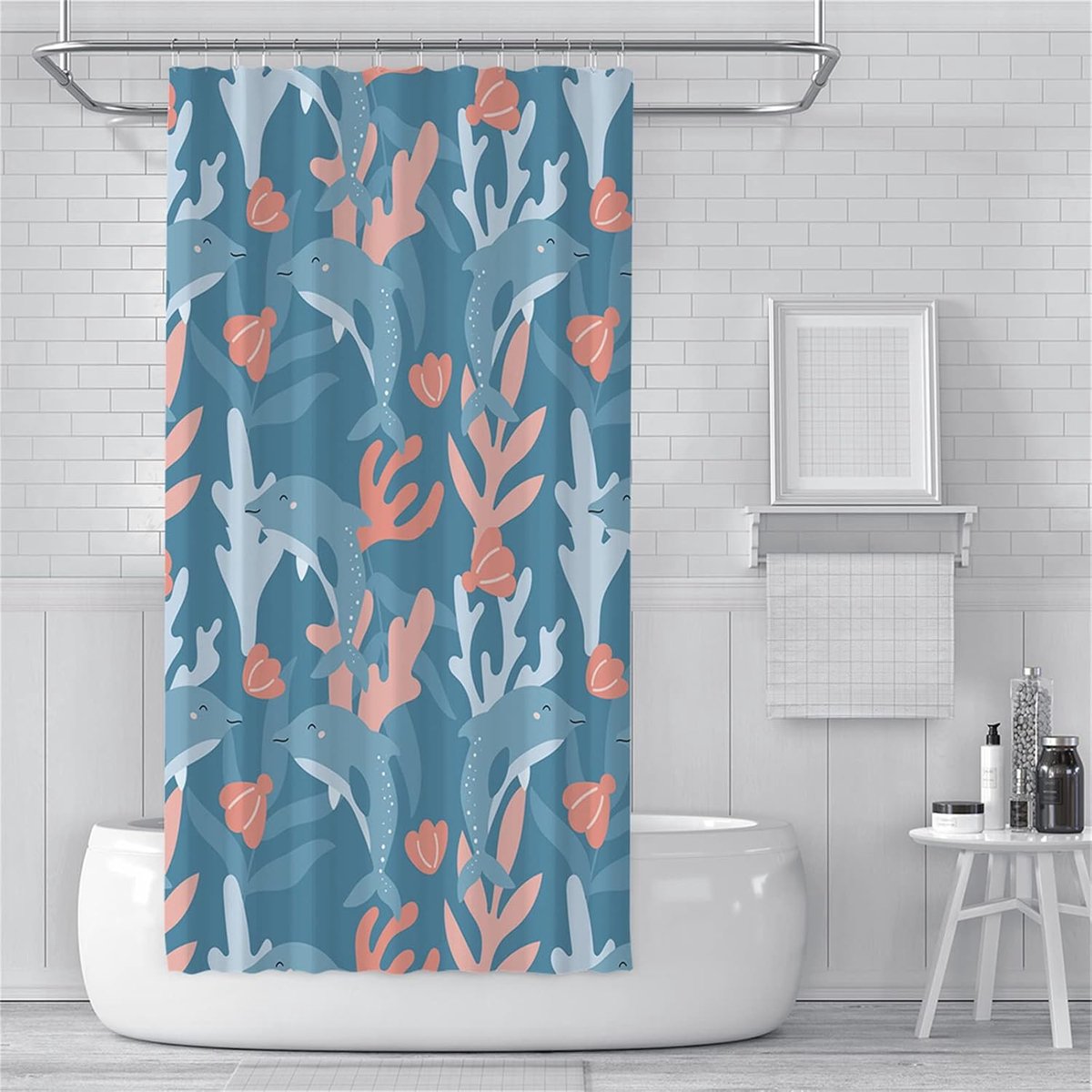 Douchegordijnen, schimmelbestendig, waterdicht, wasbare badkamergordijnen, gewogen badgordijnen met haken, 3D tuin buitendouche gordijn blauwe walvis klein