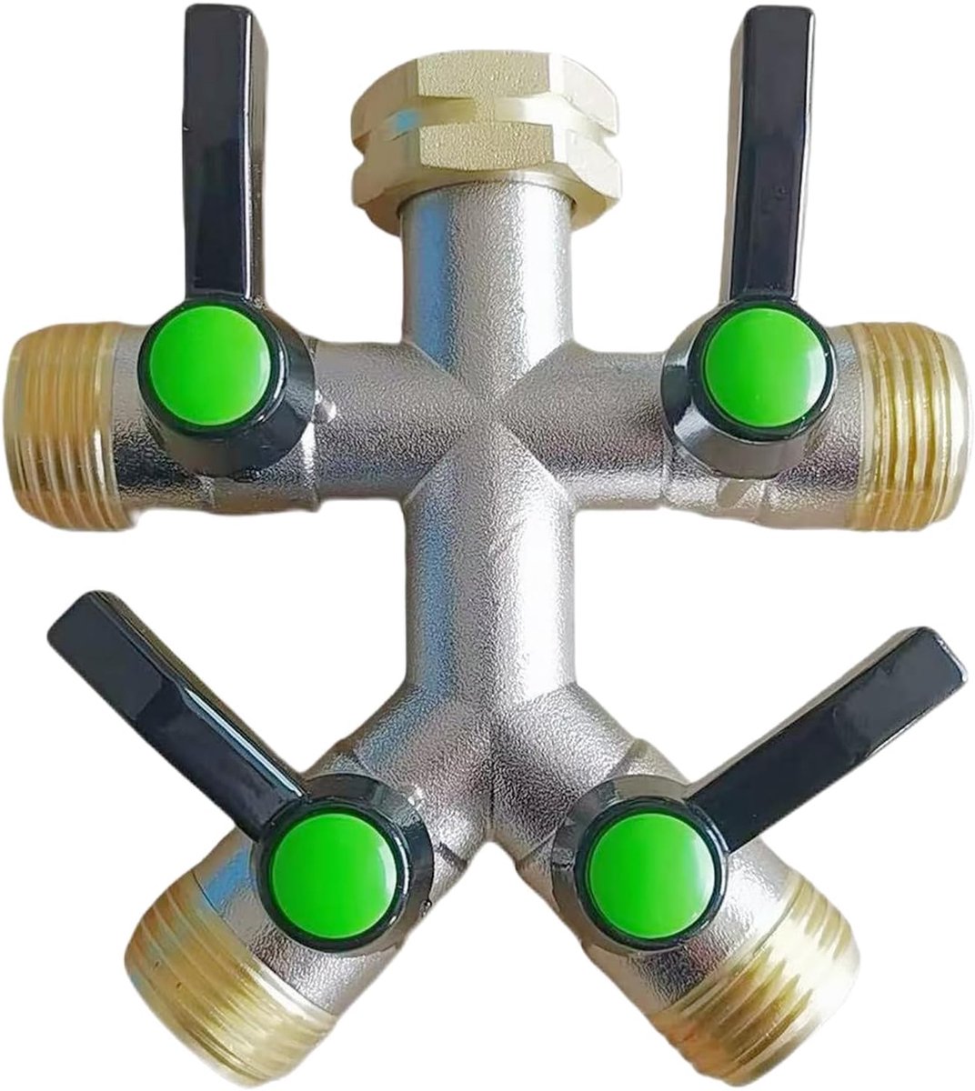 Dailygoods- Waterverdeler 4-weg - Messing Aansluiting - Verlengde Handgreep - Individuele Afsluitkranen - Instelbare Waterstroom - Zwart Aluminiumlege