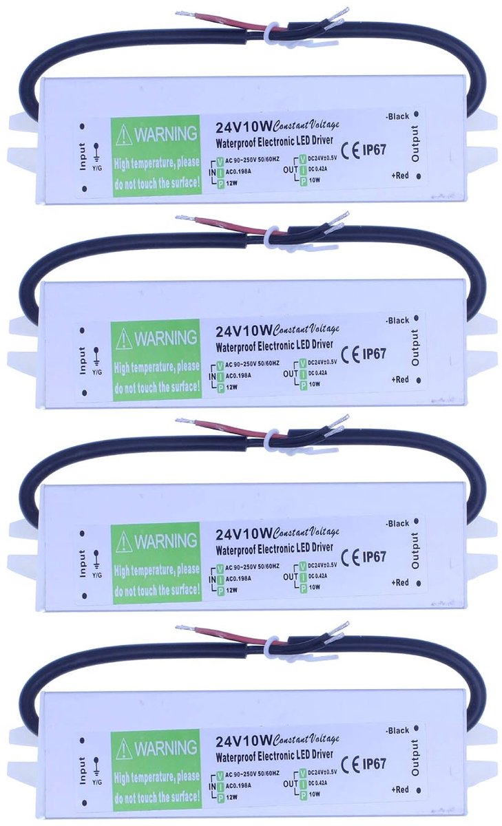 4 stuks AC naar DC 24V 0,42A 10W waterdichte IP67-aluminiumlegering laagspannings-ledstripverlichting schakelvoeding converter transformator adapter