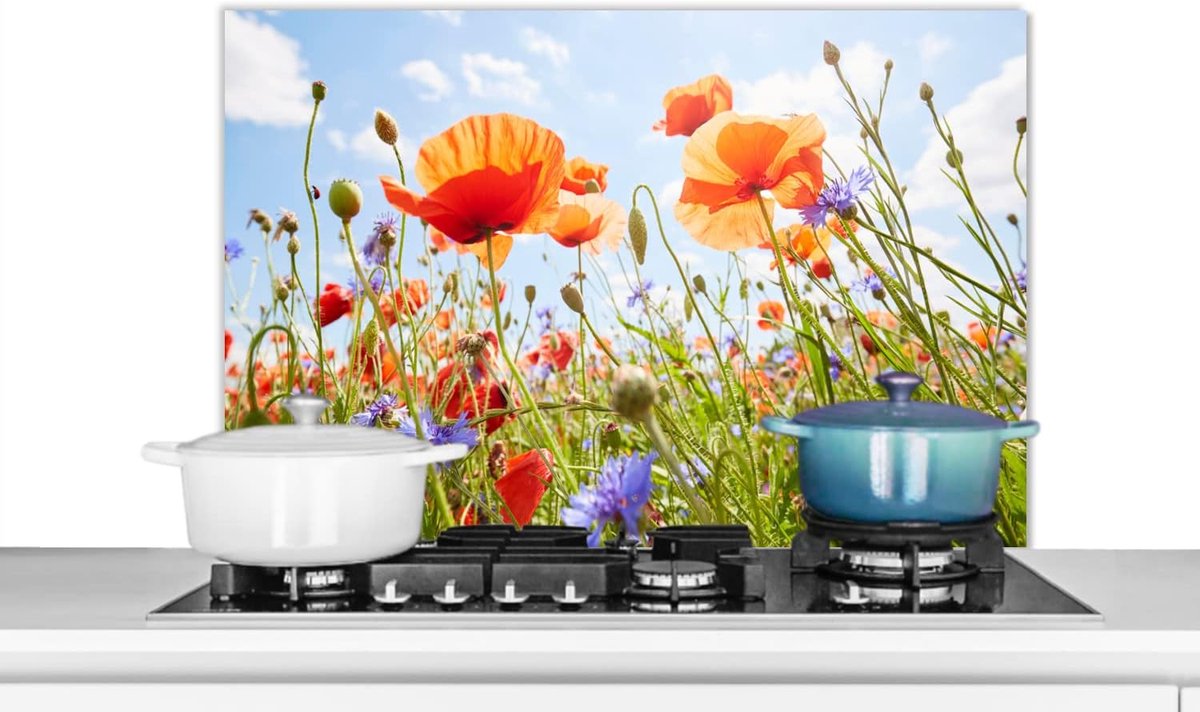 Spatscherm Keuken - 90x60 cm - Bloemen - Klaproos - Lente - Natuur - Rood - Blauw