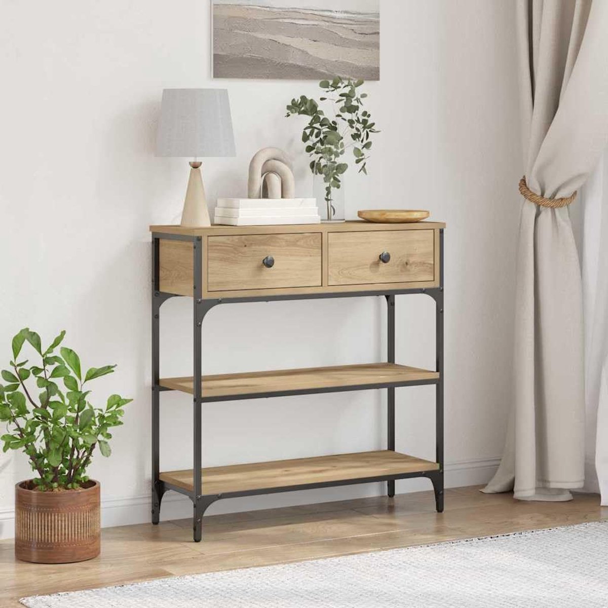 Artisan Consoletafel met schuiflade, eiken consoletafel met metalen structuur en grote opslag, 72,5 x 25 x 75 cm
