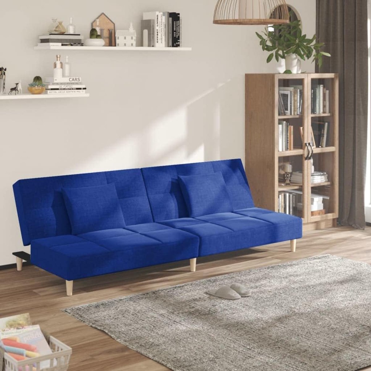 2-zits met 2 kussens, blauwe stof, slaapbank, 2-zits voor woonkamer en kantoor, met robuuste houten lijst en ademende hoes