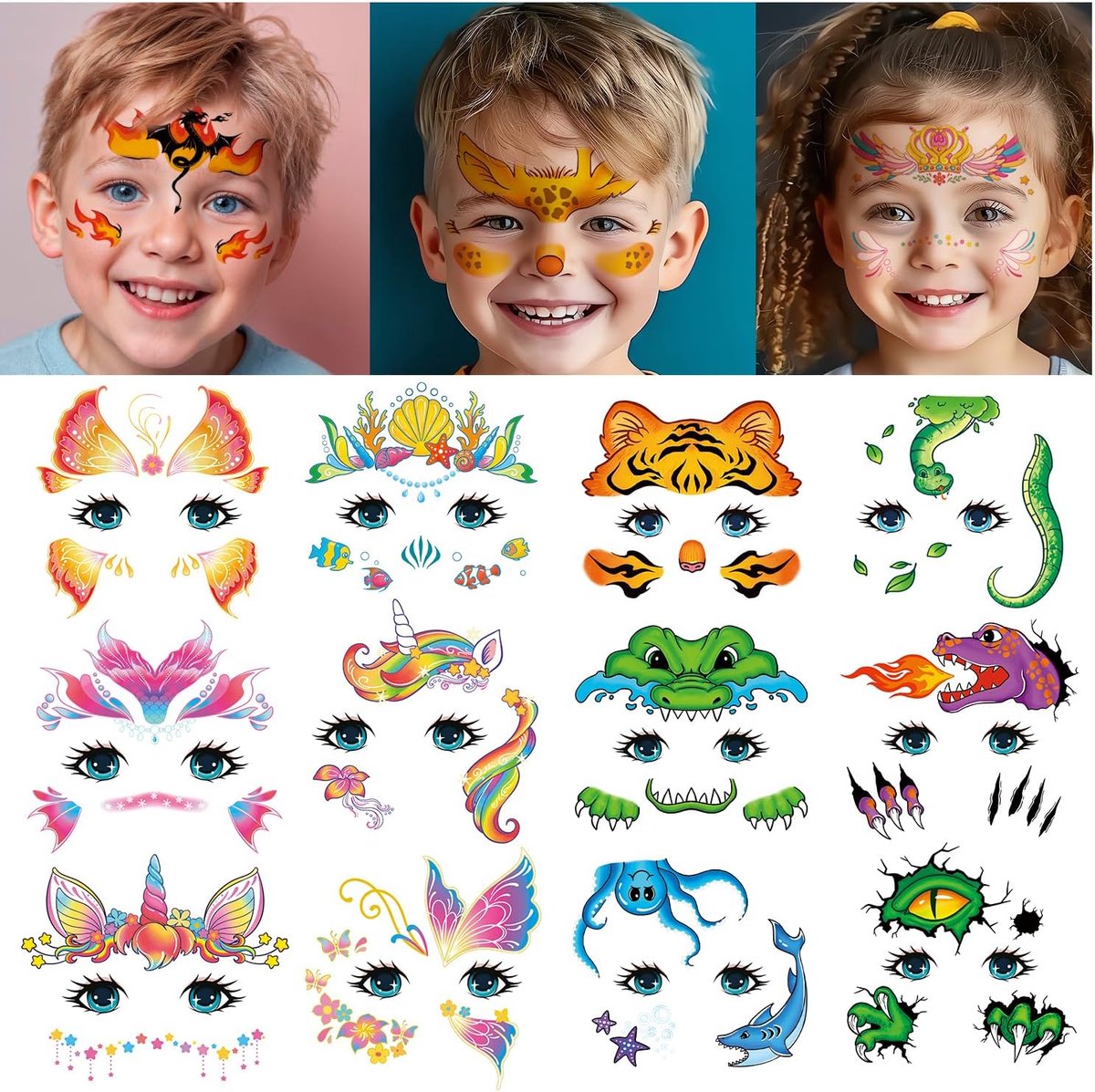 Gezichtstattoos voor babymeisjes, make-up, 24 vellen kindergezichtstattoos, carnaval, verjaardagsaccessoires, kinderspeelgoed en gadgets