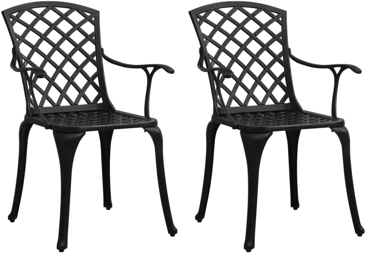 Set van 2 tuinstoelen van gegoten aluminium, zwart, terrasstoelen met hoge rugleuning en ergonomische armleuningen, belastbaar tot 110 kg per zitting