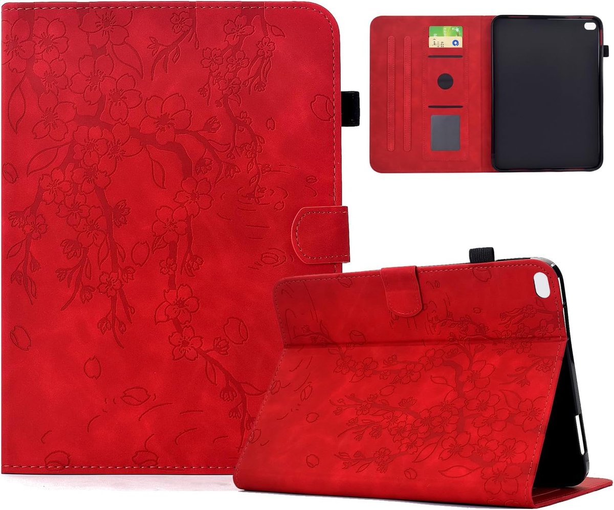 Beschermhoes voor iPad 9,7 inch (24,6 cm) 6e / 5e generatie 2018/2017, iPad Air 2, Retro kersenbloesem hoes met penhouder, meerdere kijkhoeken, magneetsluiting, rood