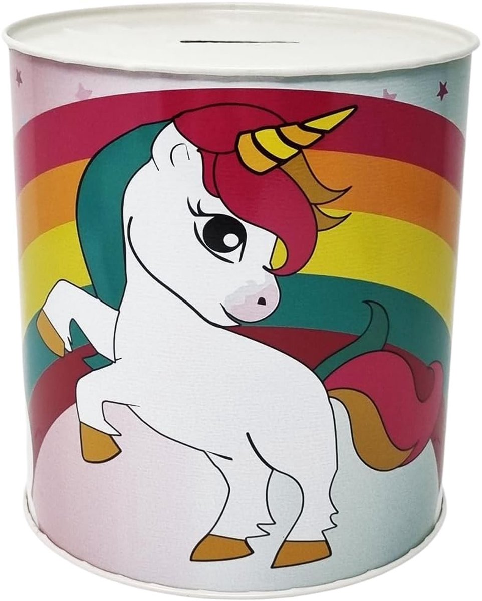 Spaarpot design eenhoorn wit met regenboog van metaal blik niet te openen 15 x 13 cm