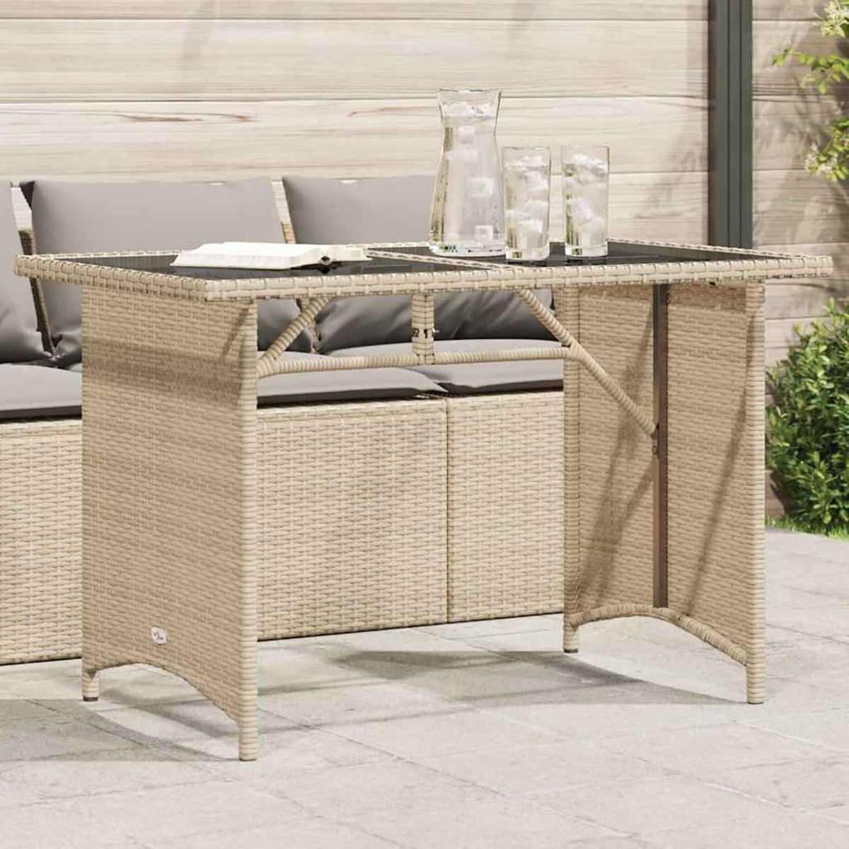 Tuintafel met glasplaat, beige, 110 x 68 x 70 cm, polyrotan, outdoor eettafel, terrastafel, balkontafel, bijzettafel voor tuin en balkon, 366353
