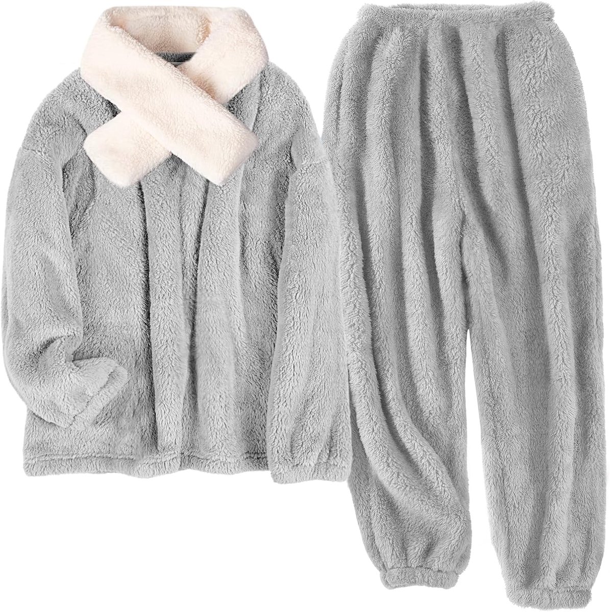 Pyjama voor dames, pluizige pyjamasets, losse pluche sherpa loungewear, winter fleece pyjamasets, nachtkleding pullover broek met zakken (grijs-2, L)