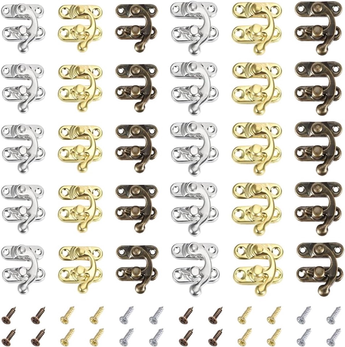 Dailygoods- Vintage Lock - 30 Stuks - Antieke Sluiting - IJzeren Bevestigingen - 3 Kleuren - Inclusief 120 Montageschroeven