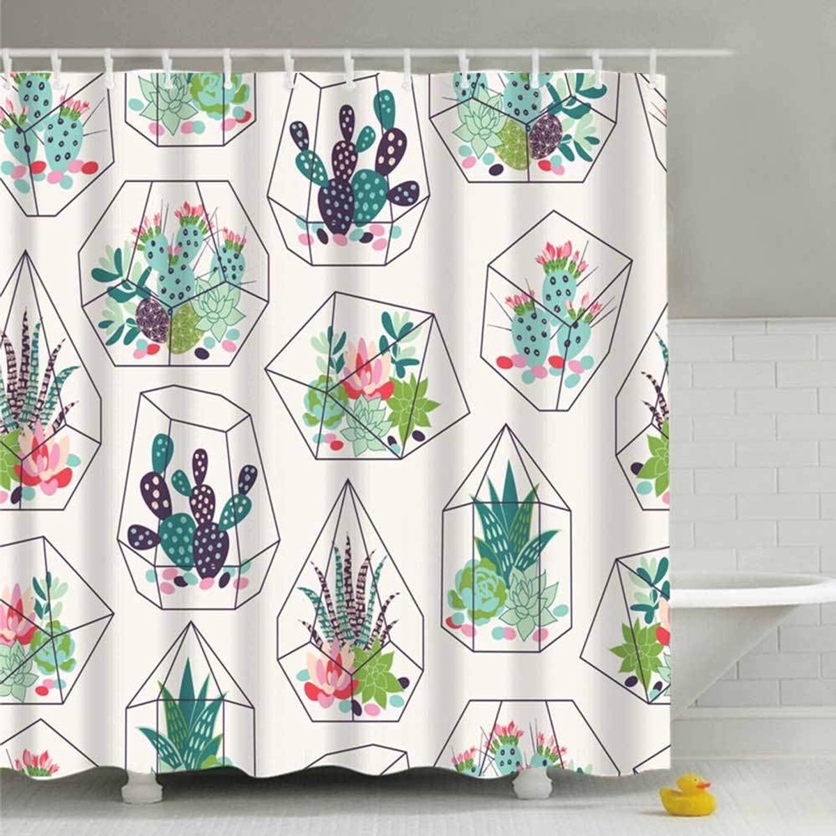 Douchegordijn waterdicht schimmelbestendig badkamergordijn wasbaar badgordijn polyester stof 3D douchegordijnen voor badkamer met 12 haken 180X180Cm (71 in* 71 in) Cactus 3