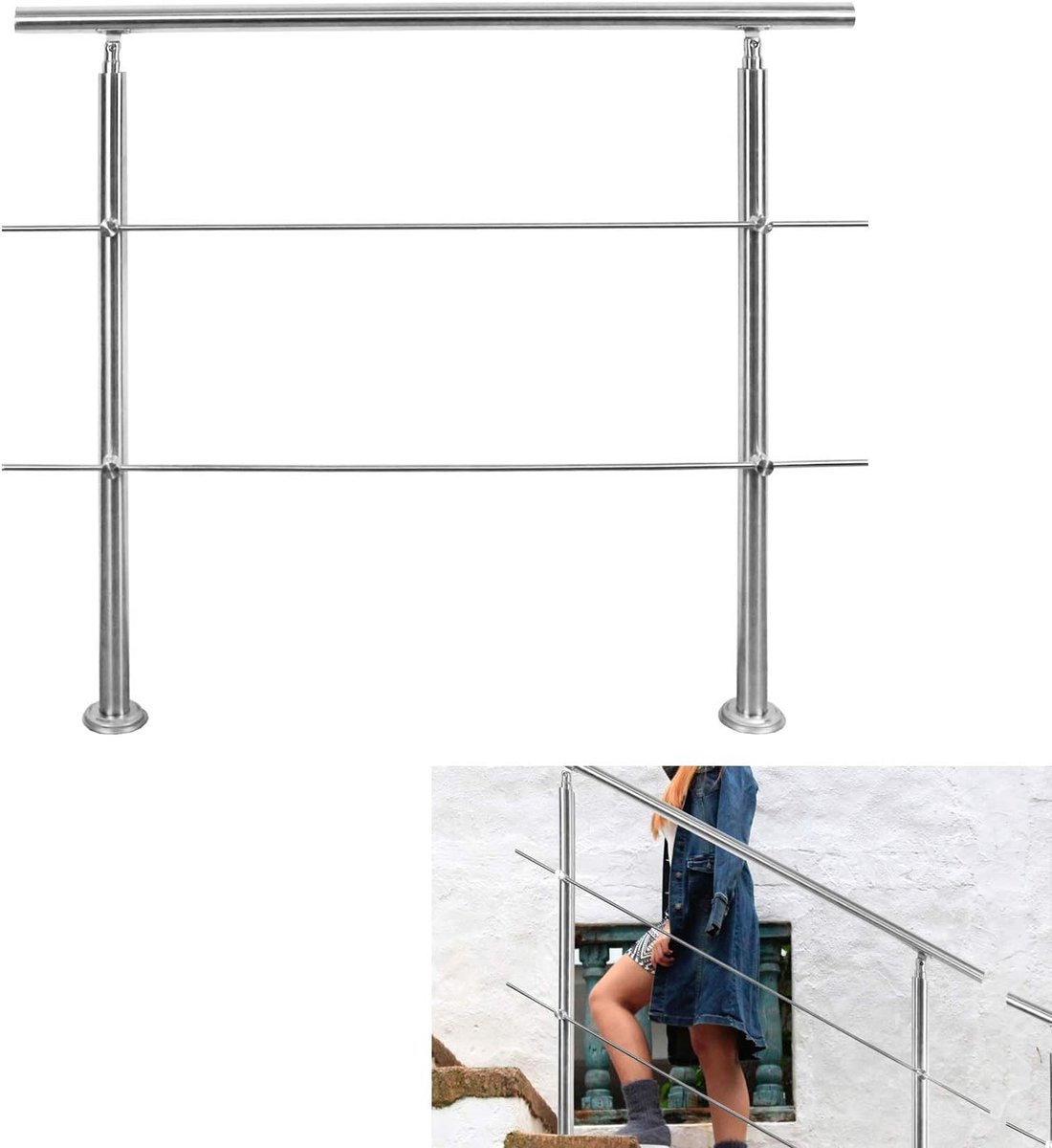 Leuning van roestvrij staal, 80 cm, roestvrij staal binnen, 2 dwarsliggers, trapleuning van roestvrij staal, buiten, trapleuning buiten voor trappen, balustrade, balkon