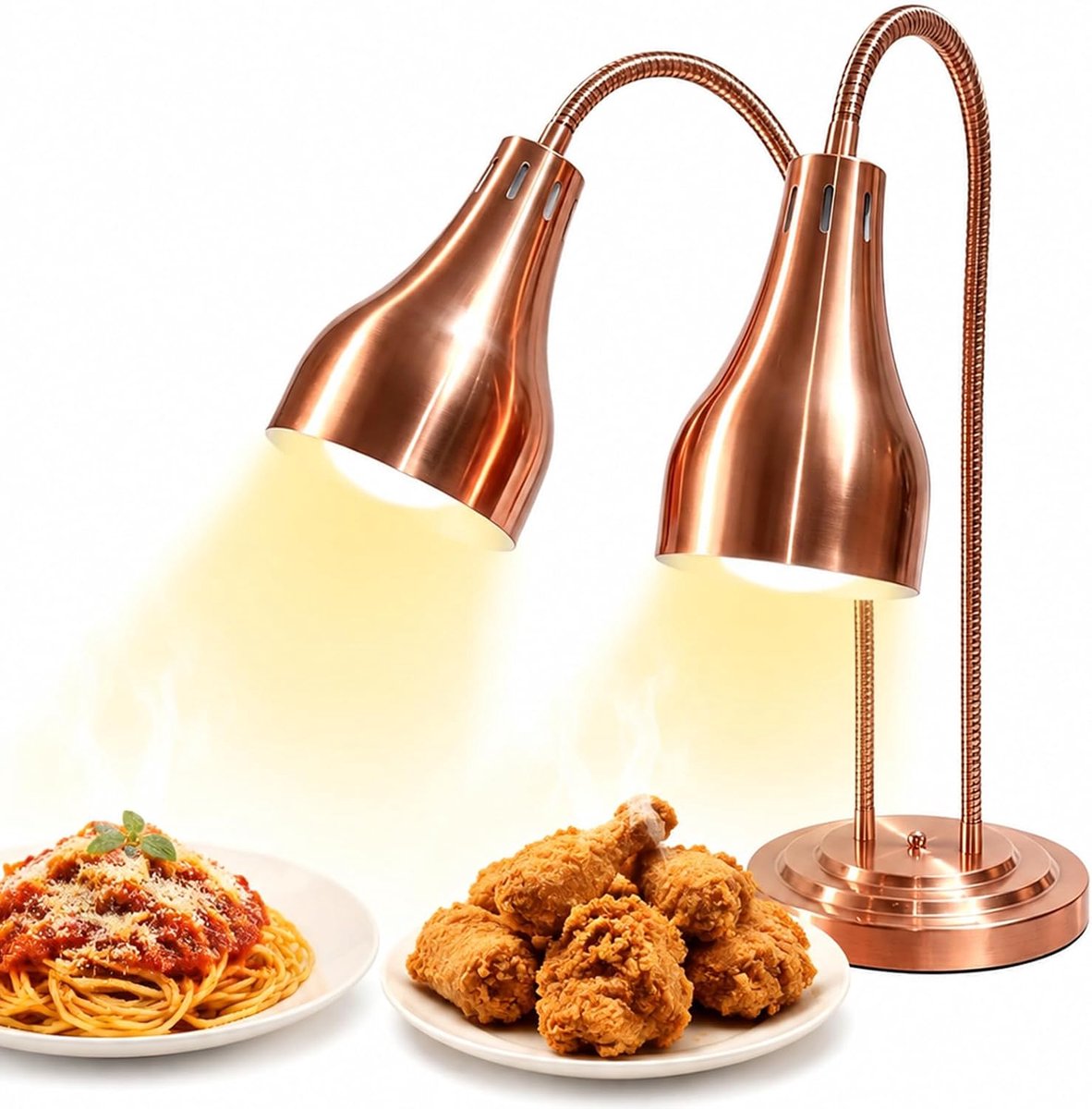 Warmtelamp met twee vlammen, keuken, 500 W, infrarood verwarmingslamp met 2 x 250 W lampen, 70 cm verstelbare zwanenhals, roestvrij staal, buffetlamp voor restaurant, hotel en catering (champagne-goud