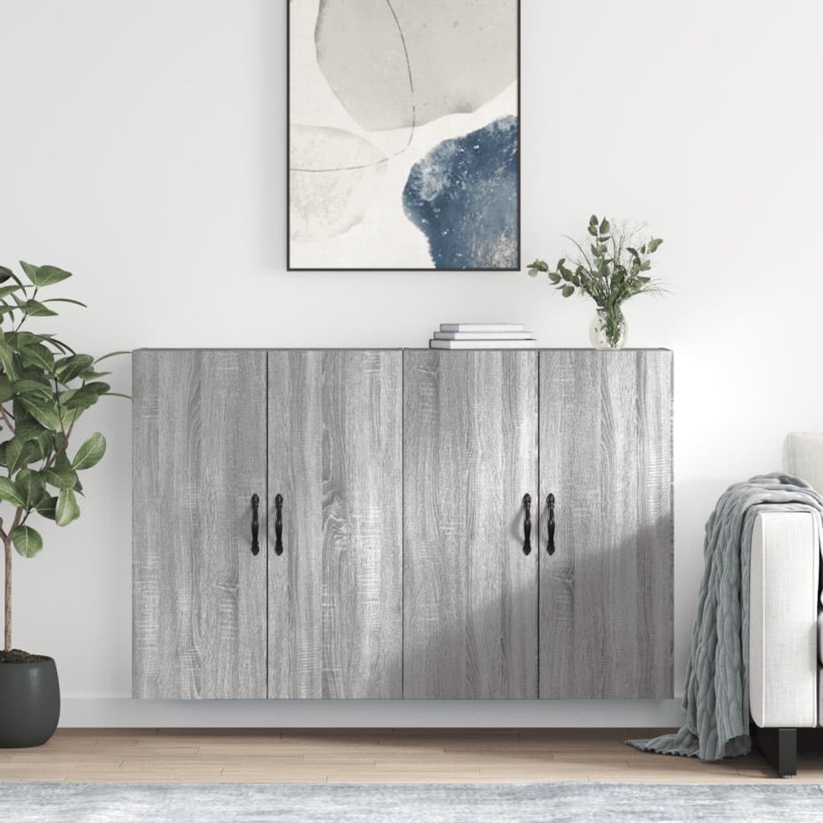 2 stuks. Grijs Sonoma houtmateriaal hangkast met opbergruimte voor elegante inrichting - robuuste opbergkast met glad oppervlak