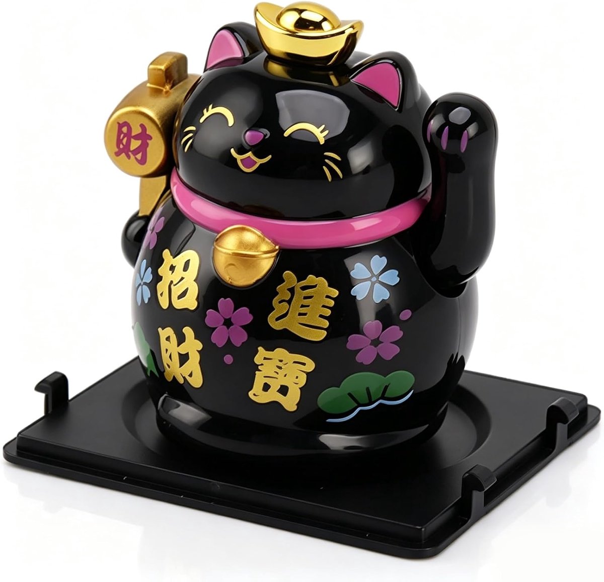 Cat Zwaaien - Zwarte Gelukskat Met Bewegende Arm op Zonne-Energie, Chinese Maneki Neko, Japanse Fortuin Kat Voor Rijkdom en Gastvrijheid - Auto en Thuis Decor