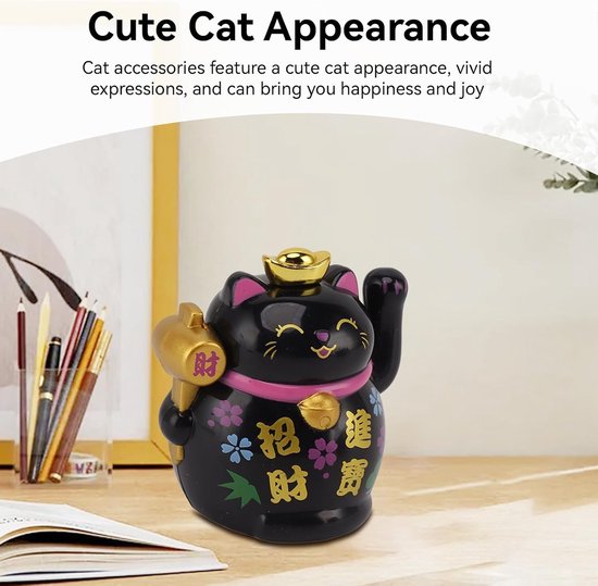 Cat Zwaaien - Zwarte Gelukskat Met Bewegende Arm op Zonne-Energie, Chinese Maneki Neko, Japanse Fortuin Kat Voor Rijkdom en Gastvrijheid - Auto en Thuis Decor — afbeelding 4