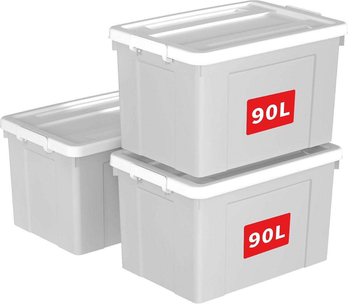 90L x 3 opbergdozen, plastic opbergdoos met deksels, organiserende container met veilige sluitgespen, stapelbaar, nestbaar, draagtas voor thuiskantoorkleding, 90L-3Pack, grijs