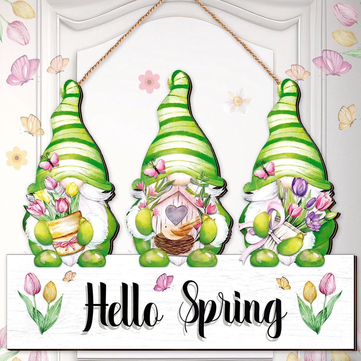 Deurbord, Hello Lente Decoraties, Welkom Bord voor Voordeur, Welkom Teken Bloem kabouter, Home Decor