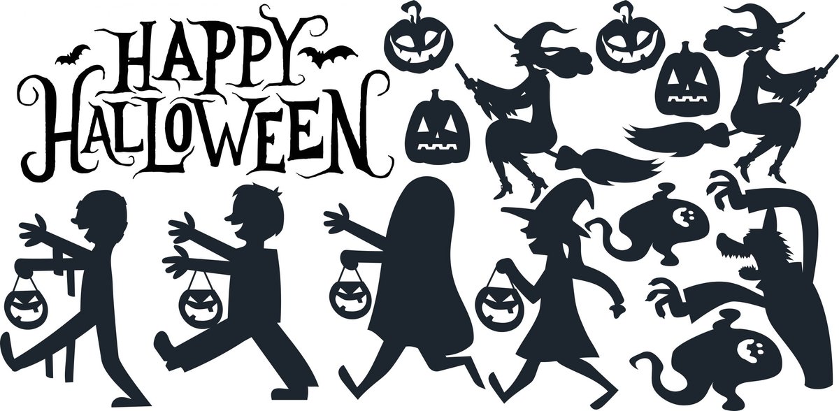 Trick or treat raamsticker set met Happy Halloween - Zwart - 30 x 60 cm