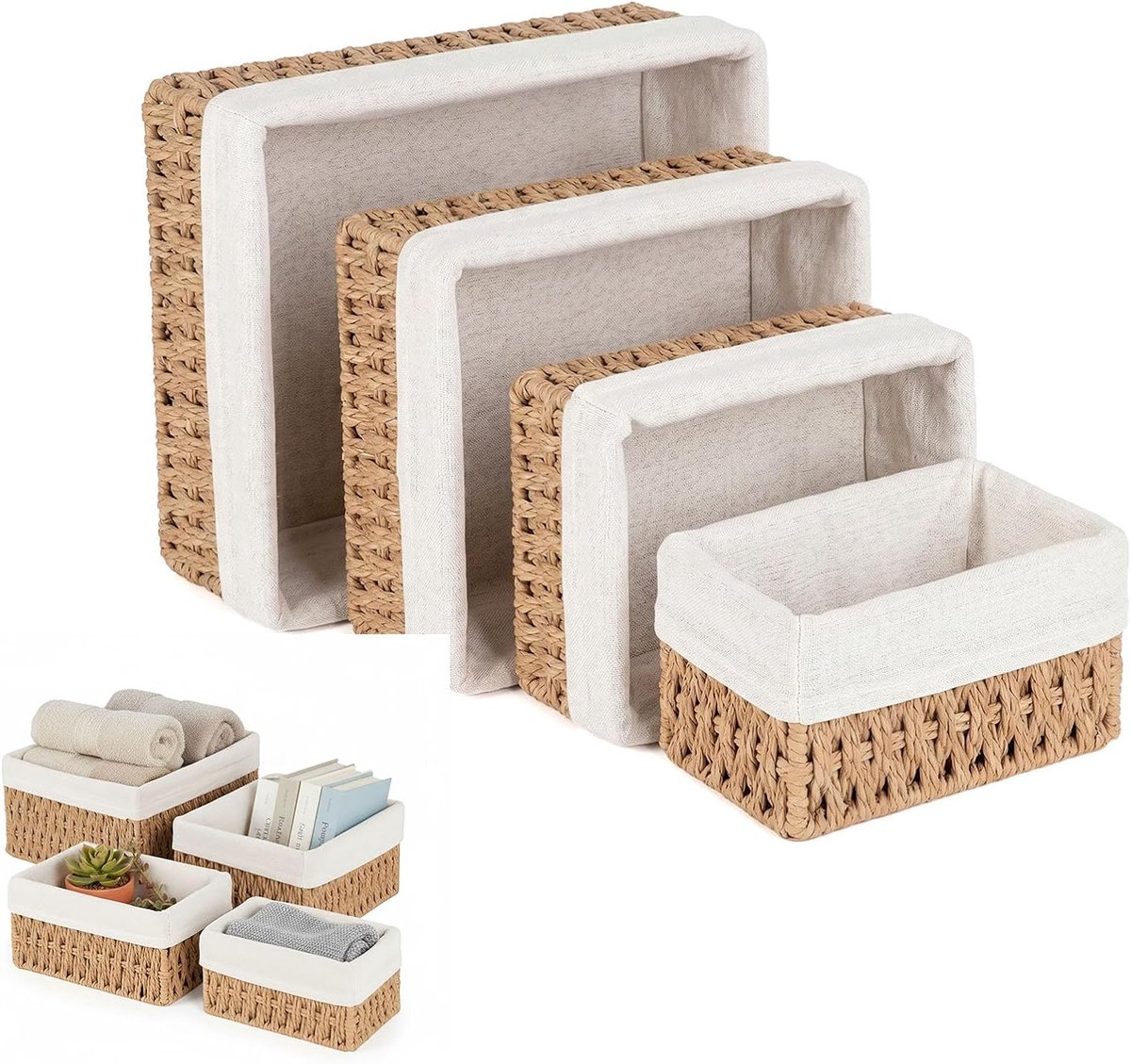 4 stuks, gevlochten opbergmand met voering, slaapkamer, boho-decoratieve manden voor badkamer, make-uptafel, kast, 4 maten, mandenset (beige)