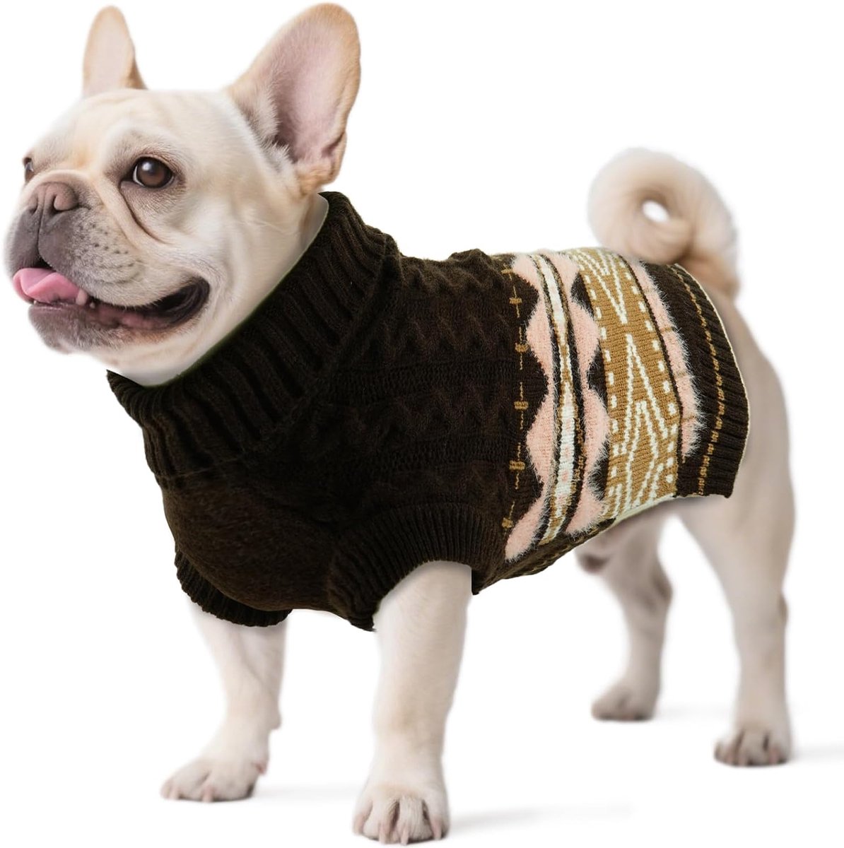middelgrote honden - Fair Isle pullover hond met harnasopening, kersttrui, elastische hondentrui, wintertrui voor Franse buldog, medium gemengd, kastanjebruin, L
