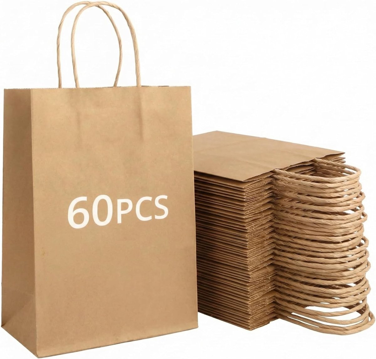 60 Stuks Bruine Papieren Cadeautassen met Handvatten, Kraft Papieren Tassen, 15 x 8 x 21 cm, Ideaal voor Verpakkingen, Feestjes en Winkelen