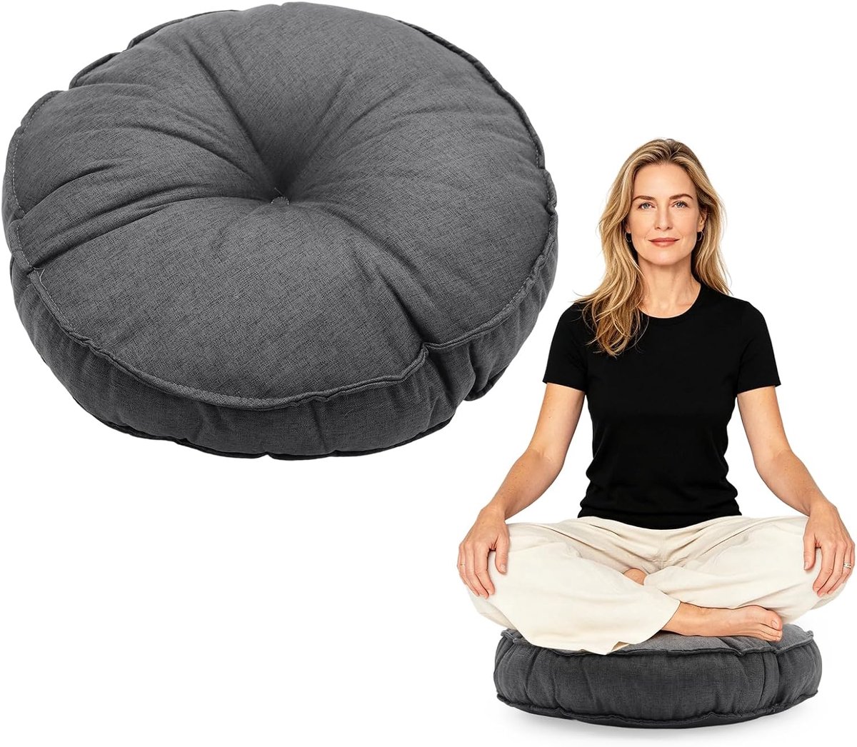 Vloerkussen voor thuis en buiten, zitkussen, poef voor vloer en tuin, vloerkussen & meditatiekussen, rond, zacht zitkussen voor woonkamer, balkon, yoga en outdoor, donkergrijs